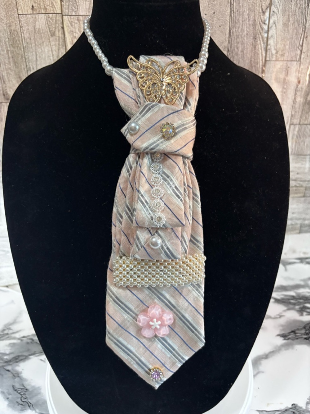 Embellished Pink Striped Tie Necklace with Pearls